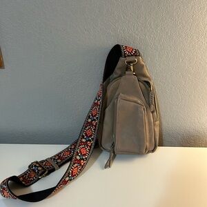 Tan Sling Bag with Patterned Strap